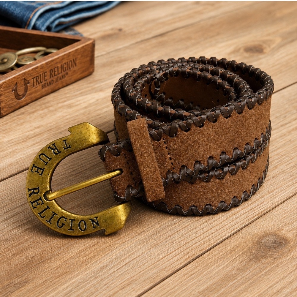 True Religion Horseshoe Buckle Suede Whipstitch Belt Womens Size L/XL Brown Y2K